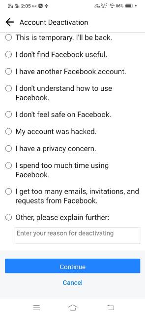 facebook account deactivate kaise kare choose issue