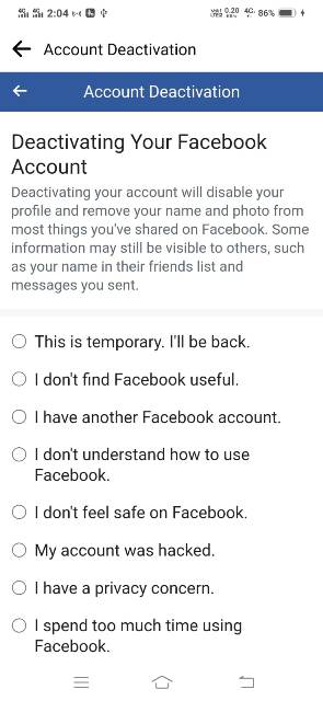 facebook account deactivate kaise kare select issue