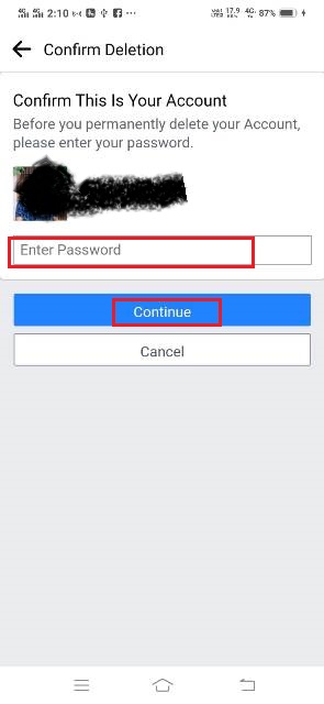 facebook account delete kaise kare enter password