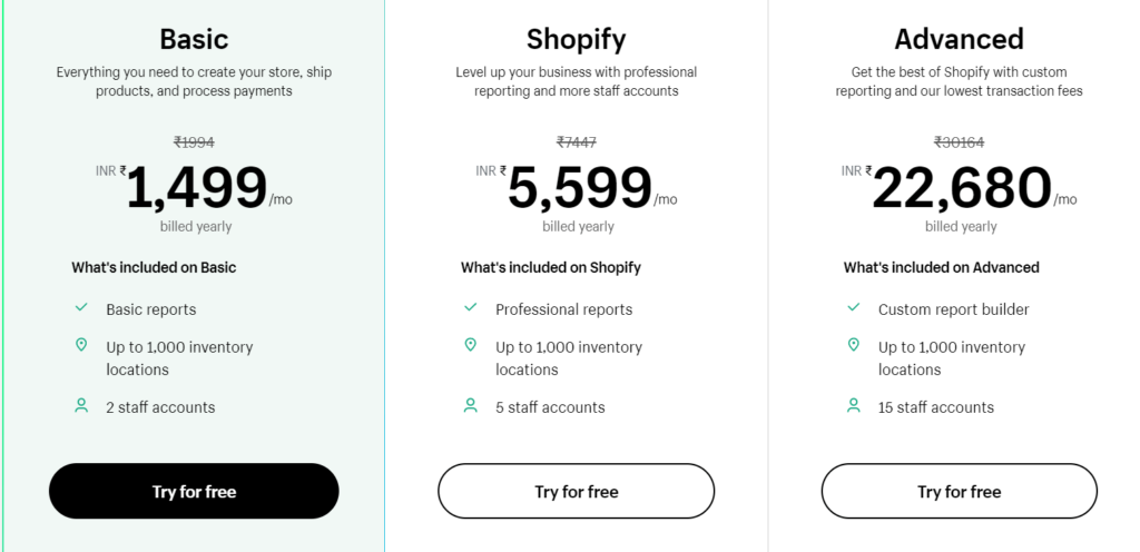 Shopify पर accounts बनाने के लिए plans